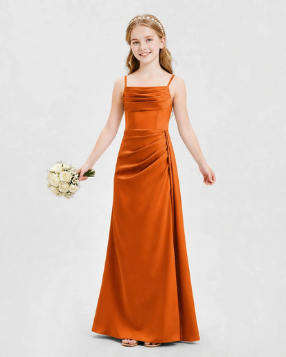 Burnt Orange Junior Bridesmaid Dress Ruched Bodice Slit Satin Floor-Length Gown Front View