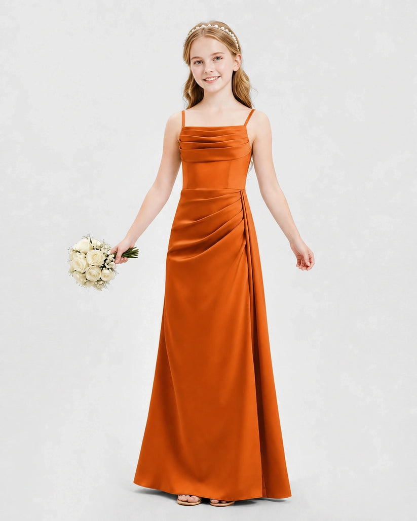 Burnt Orange Satin A-line Junior Bridesmaid Dress Front View