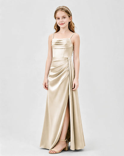 Champagne Junior Bridesmaid Dress Ruched Bodice Slit Satin Floor-Length Gown Side View