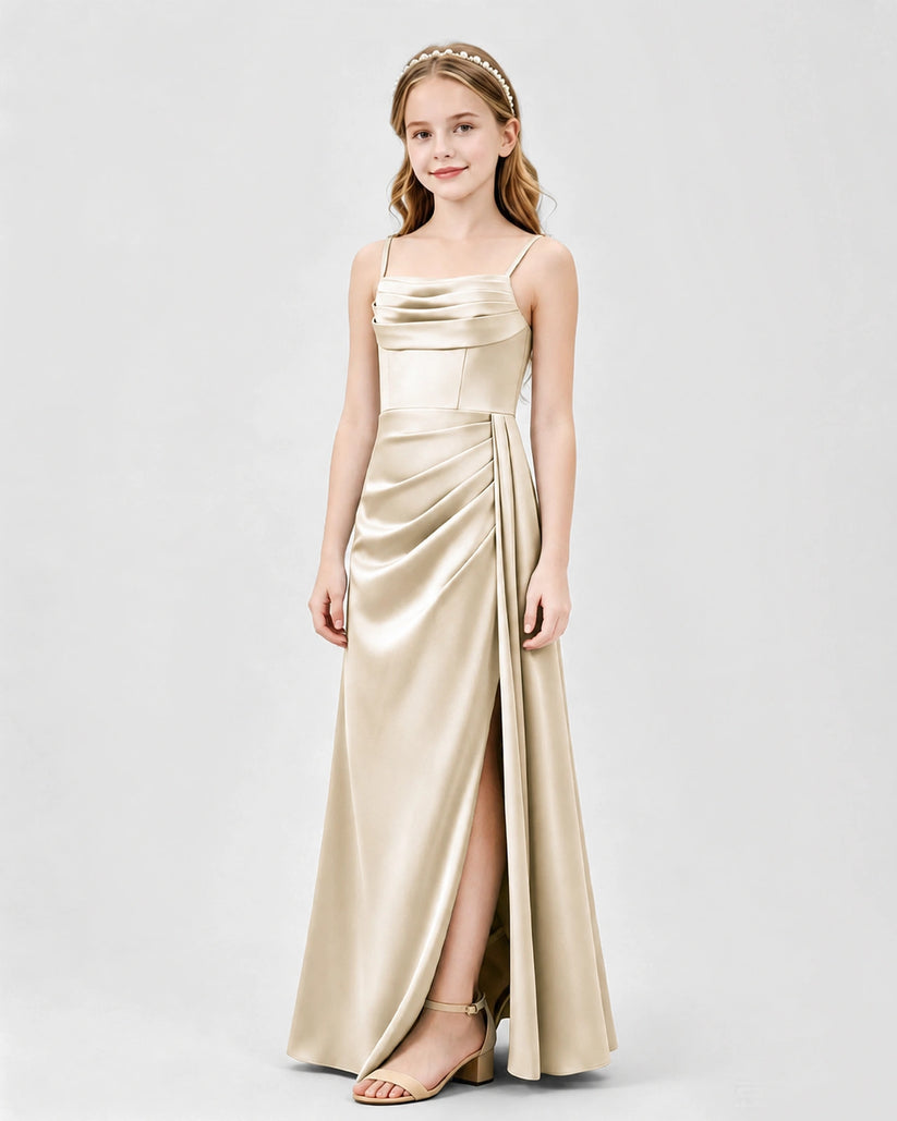 Champagne Satin A-line Junior Bridesmaid Dress Front View