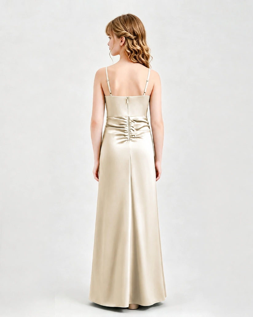Champagne Satin A-line Junior Bridesmaid Dress Back View