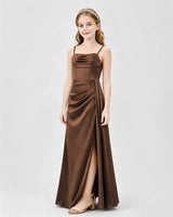 Chocolate Satin A-line Junior Bridesmaid Dress Front View