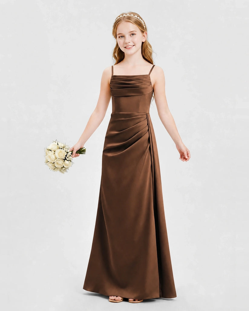 Chocolate Satin A-line Junior Bridesmaid Dress Front View