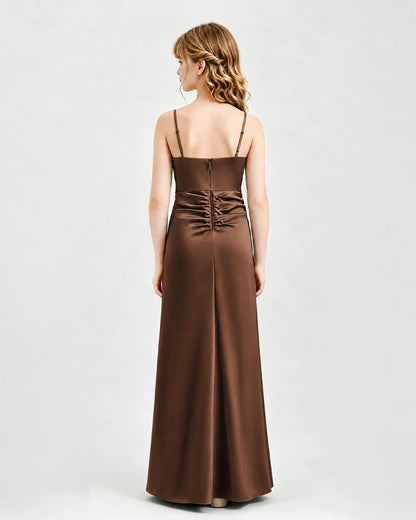 Chocolate Junior Bridesmaid Dress Ruched Bodice Slit Satin Floor-Length Gown Back View