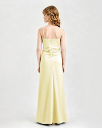 Daffodil Junior Bridesmaid Dress Ruched Bodice Slit Satin Floor-Length Gown Back View