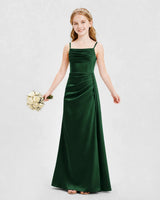 Dark Green Satin A-line Junior Bridesmaid Dress Front View
