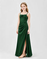 Dark Green Satin A-line Junior Bridesmaid Dress Front View
