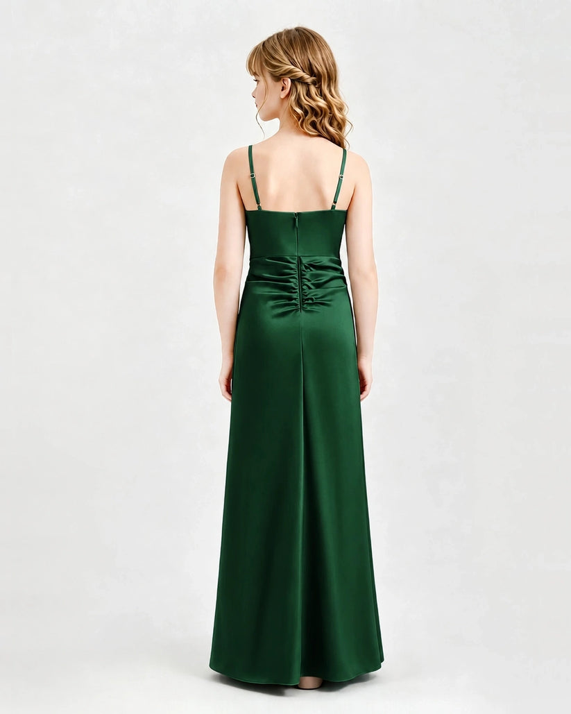 Dark Green Satin A-line Junior Bridesmaid Dress Back View
