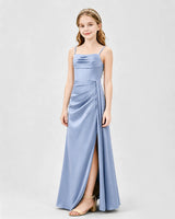 Dusty Blue Satin A-line Junior Bridesmaid Dress Front View