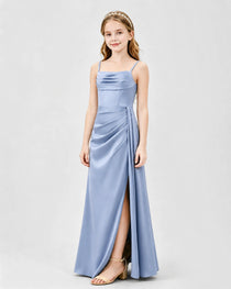 Dusty Blue Junior Bridesmaid Dress Ruched Bodice Slit Satin Floor-Length Gown Side View