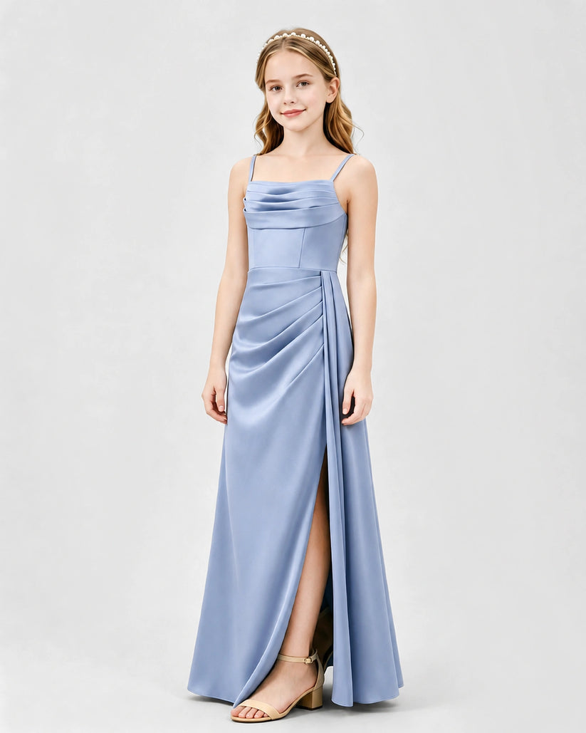 Dusty Blue Satin A-line Junior Bridesmaid Dress Front View