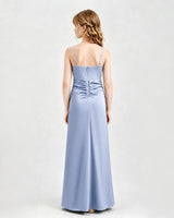 Dusty Blue Satin A-line Junior Bridesmaid Dress Back View