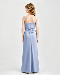 Dusty Blue Junior Bridesmaid Dress Ruched Bodice Slit Satin Floor-Length Gown Back View