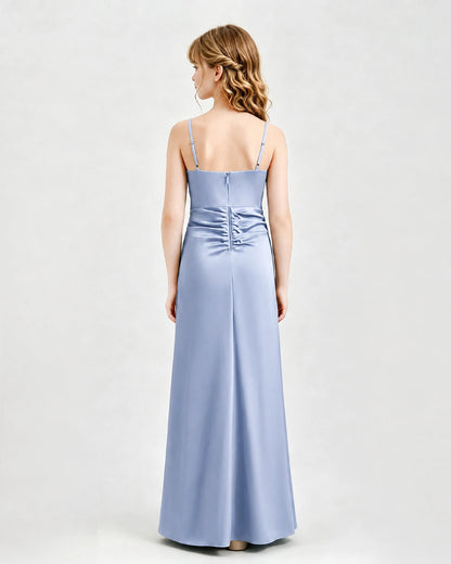 Dusty Blue Junior Bridesmaid Dress Ruched Bodice Slit Satin Floor-Length Gown Back View
