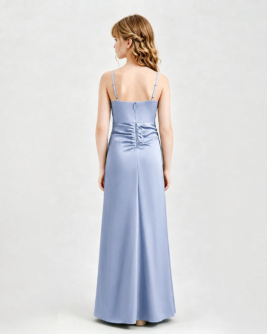 Dusty Blue Satin A-line Junior Bridesmaid Dress Back View