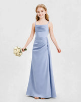 Dusty Blue Satin A-line Junior Bridesmaid Dress Front View
