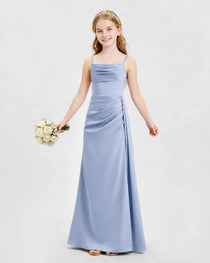 Dusty Blue Junior Bridesmaid Dress Ruched Bodice Slit Satin Floor-Length Gown Front View