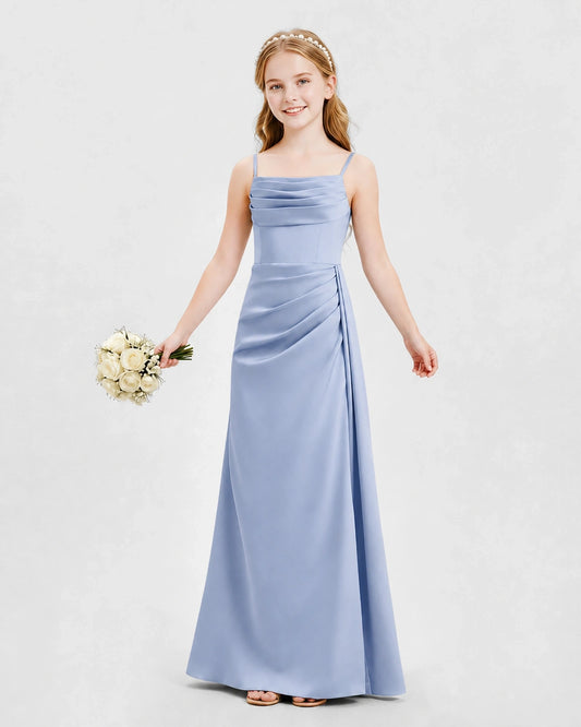 Dusty Blue Satin A-line Junior Bridesmaid Dress Front View