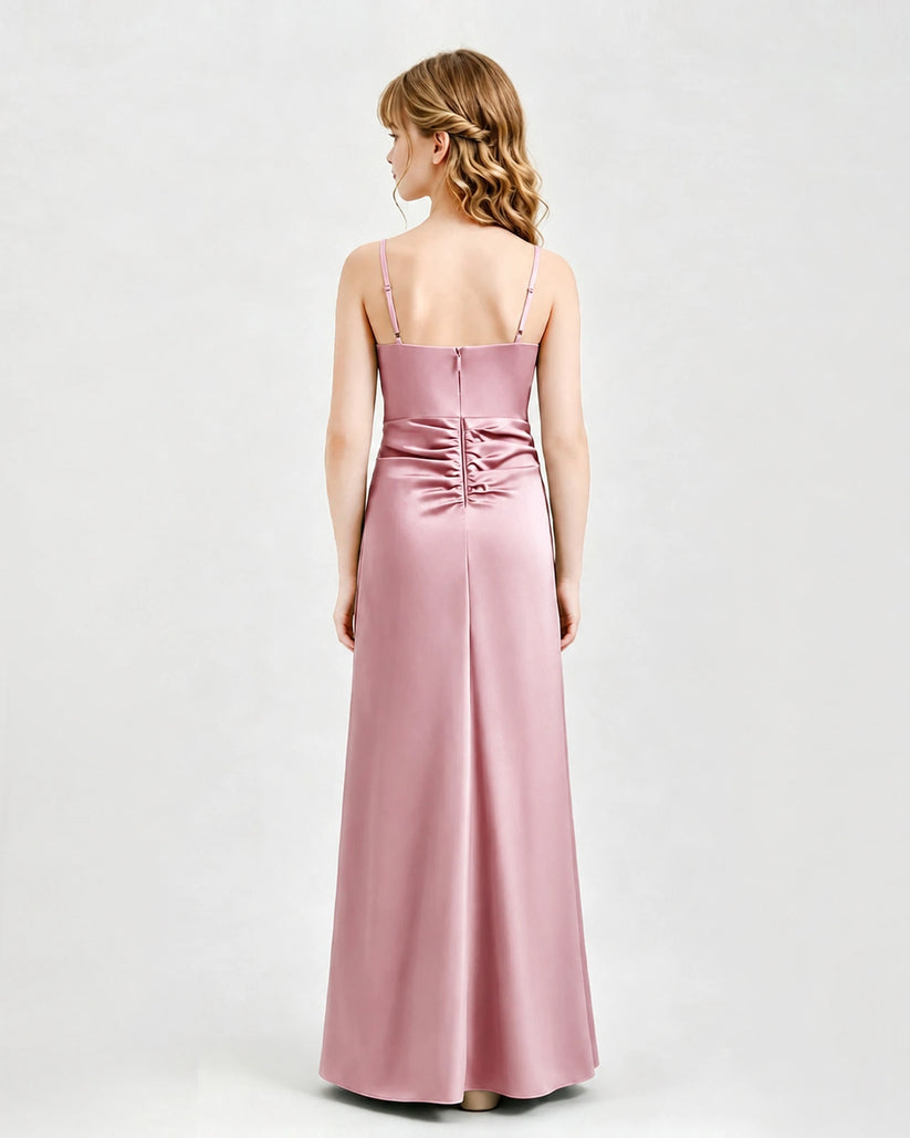 Dusty Rose Satin A-line Junior Bridesmaid Dress Back View
