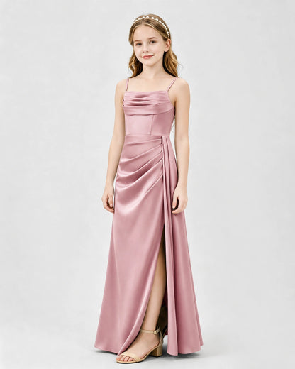 Dusty Rose Junior Bridesmaid Dress Ruched Bodice Slit Satin Floor-Length Gown Side View