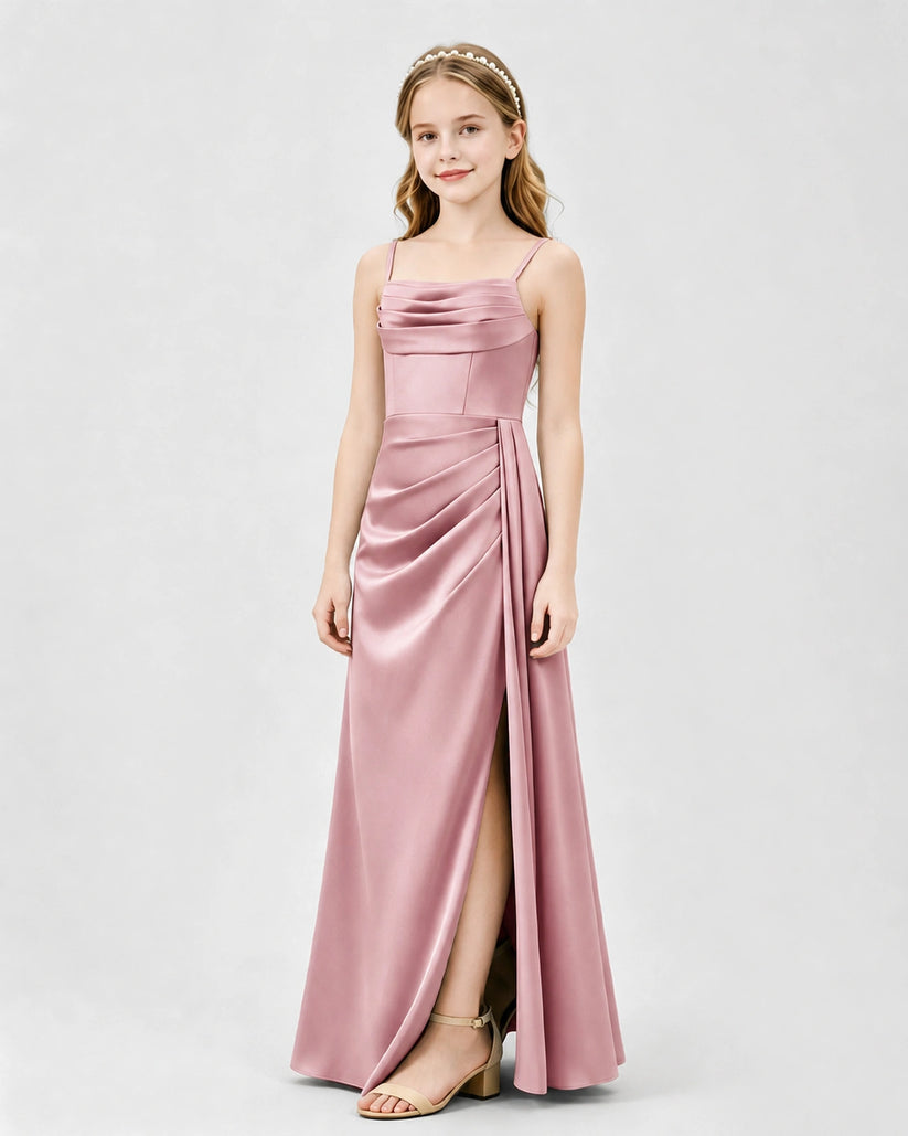 Dusty Rose Satin A-line Junior Bridesmaid Dress Front View