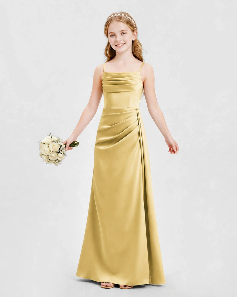 Gold Satin A-line Junior Bridesmaid Dress Front View