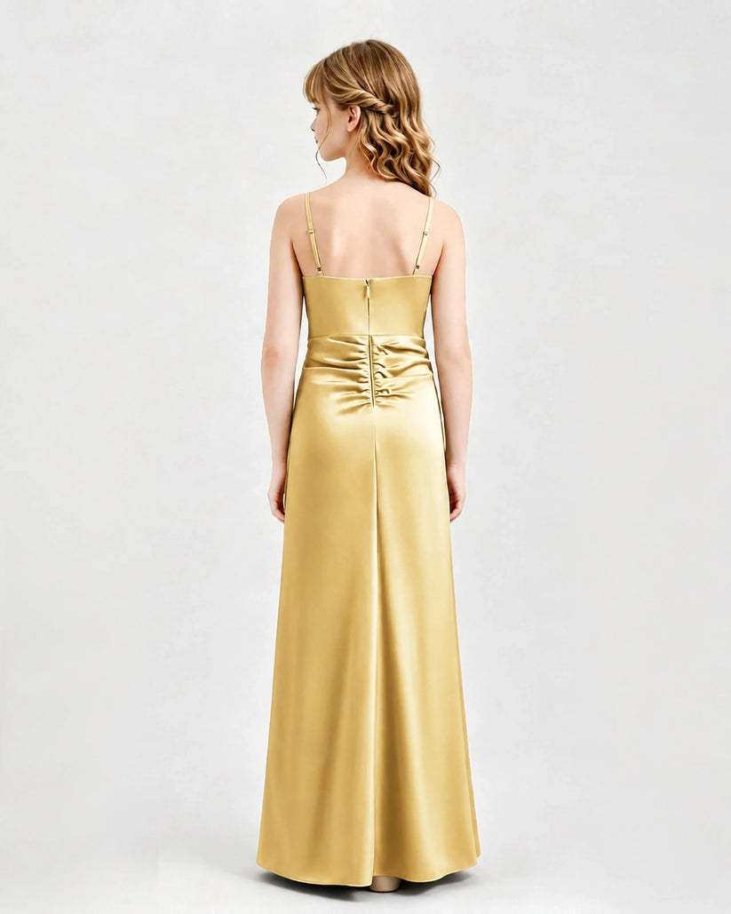 Gold Satin A-line Junior Bridesmaid Dress Back View