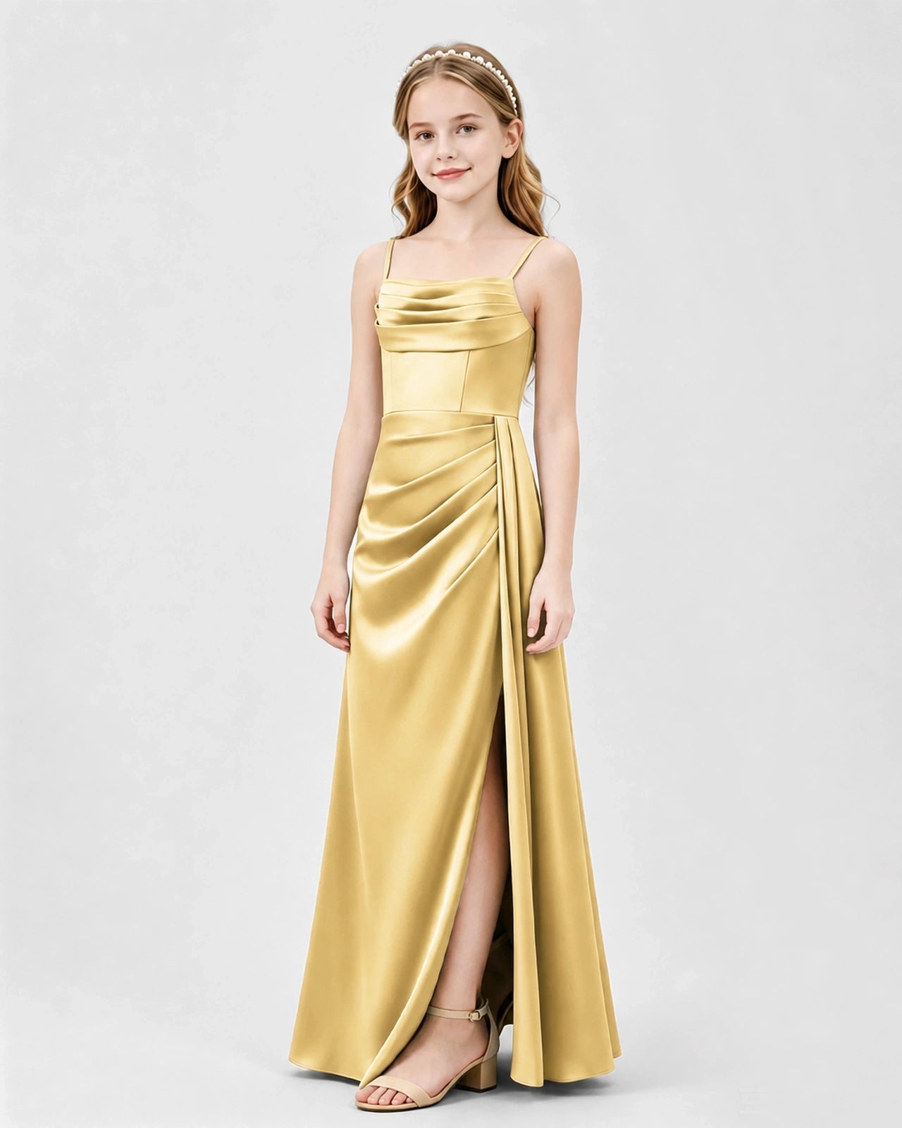 Gold Junior Bridesmaid Dress Ruched Bodice Slit Satin Floor-Length Gown Side View