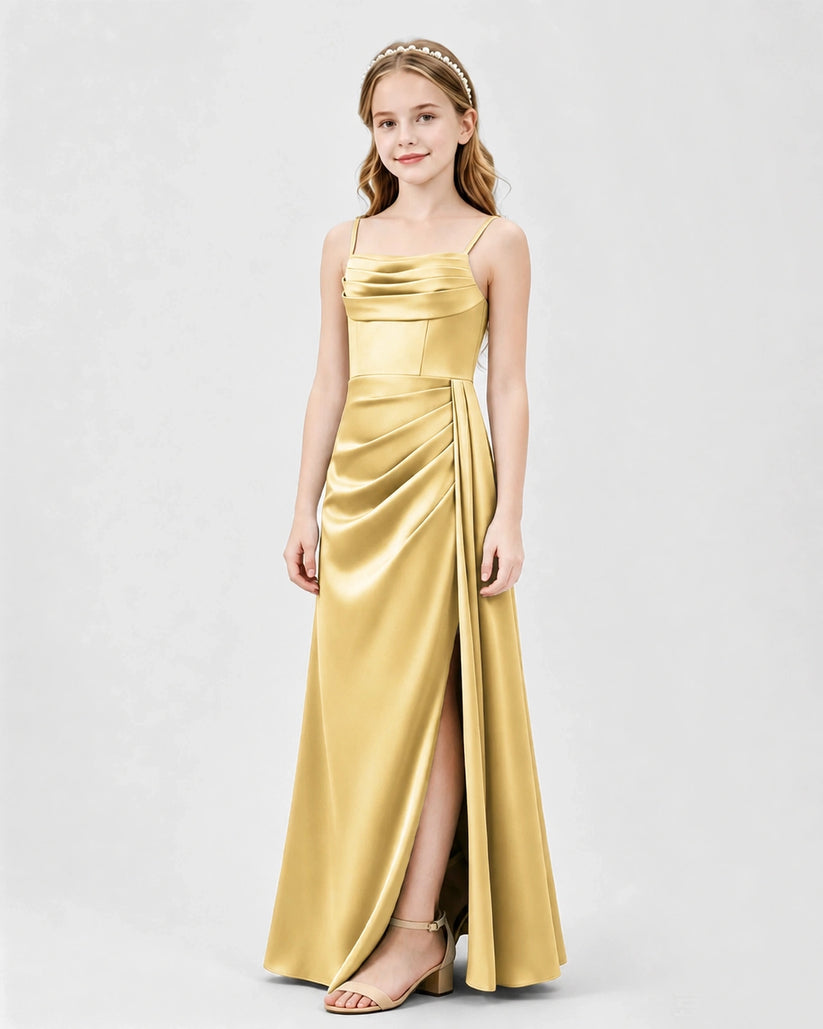 Gold Satin A-line Junior Bridesmaid Dress Front View