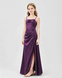 Grape Junior Bridesmaid Dress Ruched Bodice Slit Satin Floor-Length Gown Side View