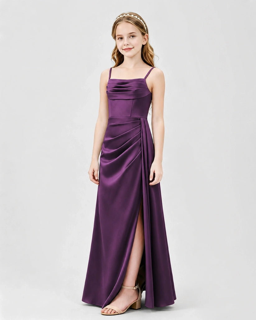 Grape Satin A-line Junior Bridesmaid Dress Front View