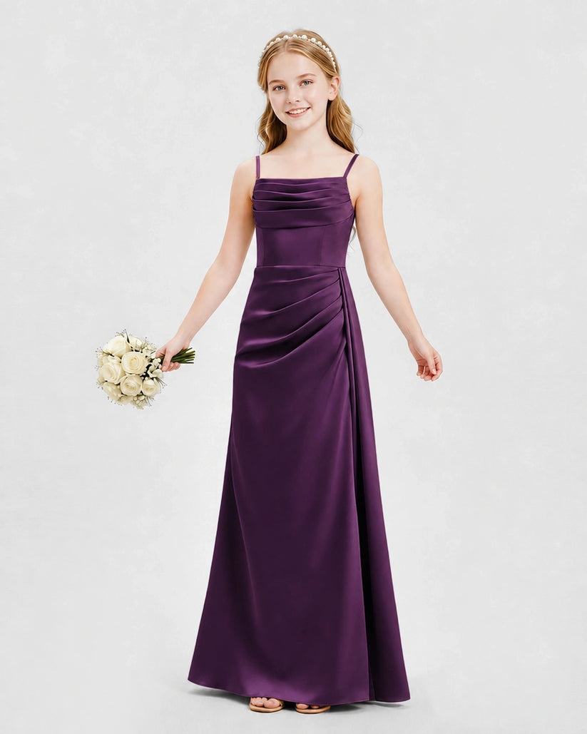 Grape Satin A-line Junior Bridesmaid Dress Front View