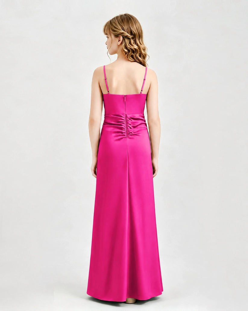 Hot Pink Satin A-line Junior Bridesmaid Dress Back View