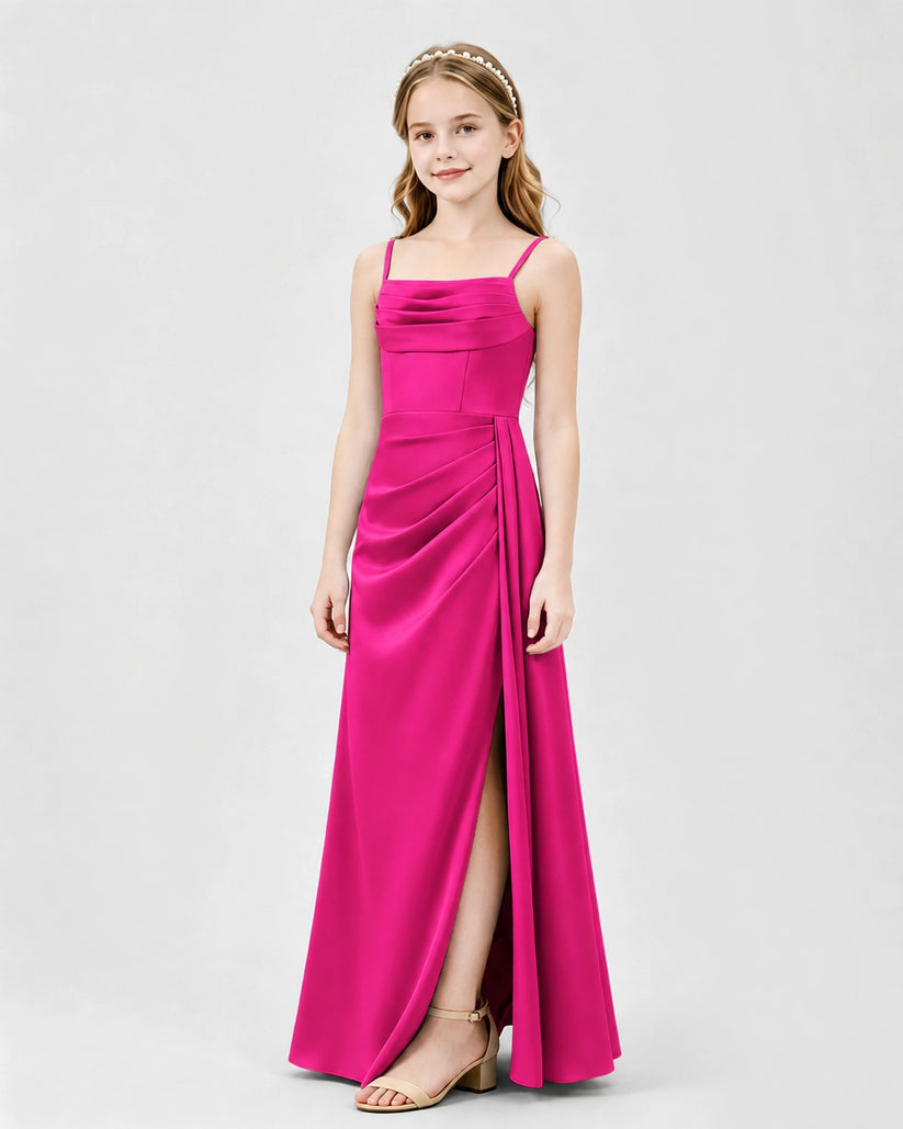 Hot Pink Satin A-line Junior Bridesmaid Dress Front View