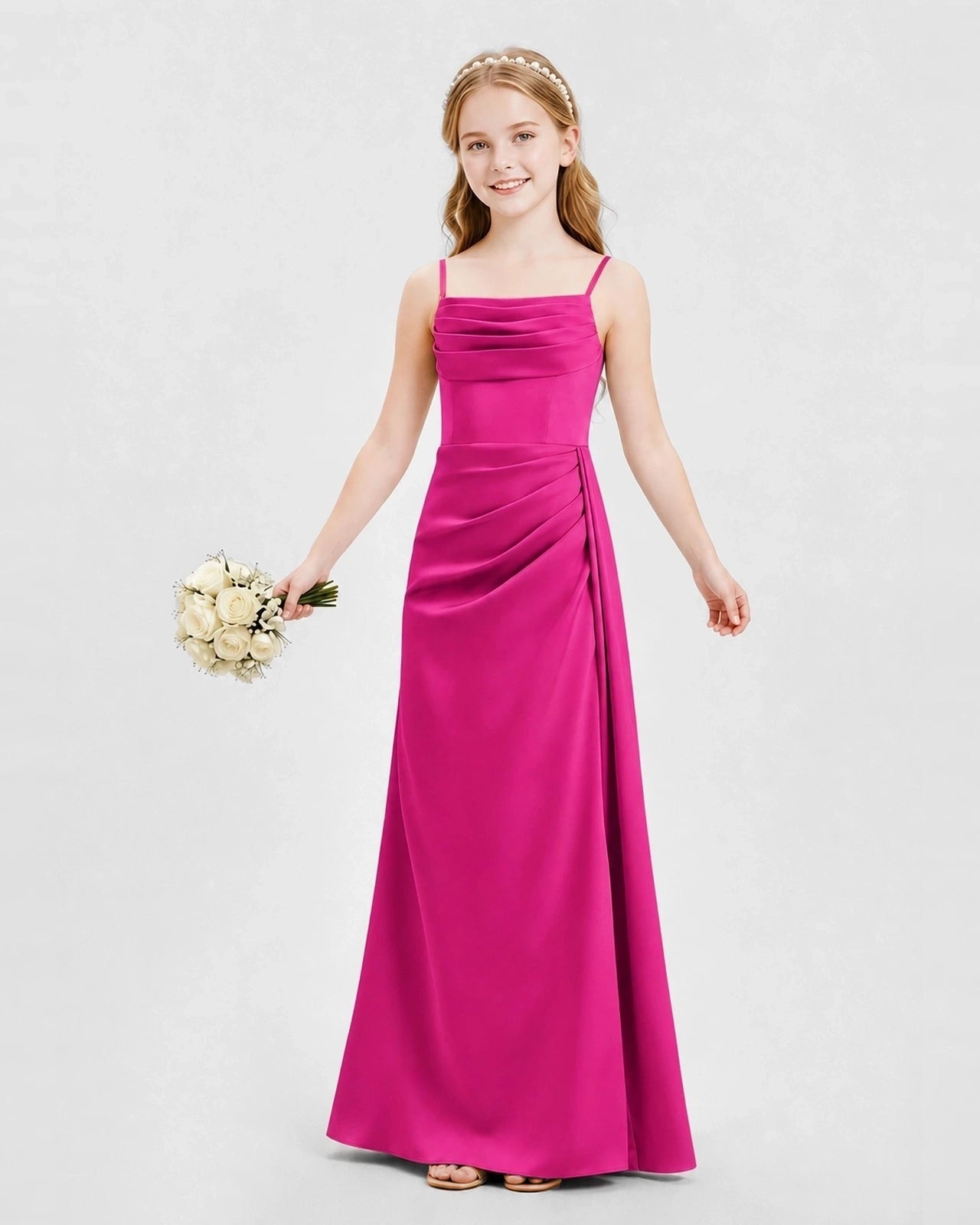 Hot Pink Junior Bridesmaid Dress Ruched Bodice Slit Satin Floor-Length Gown Front View