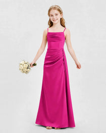 Hot Pink Junior Bridesmaid Dress Ruched Bodice Slit Satin Floor-Length Gown Front View