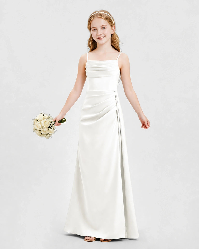 Ivory Satin A-line Junior Bridesmaid Dress Front View