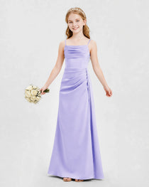 Lavender Junior Bridesmaid Dress Ruched Bodice Slit Satin Floor-Length Gown Front View