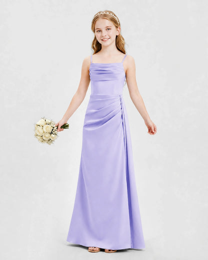 Lavender Junior Bridesmaid Dress Ruched Bodice Slit Satin Floor-Length Gown Front View