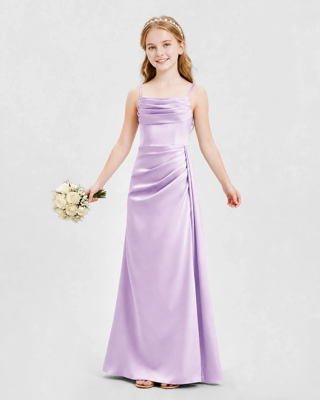 Lilac Junior Bridesmaid Dress Ruched Bodice Slit Satin Floor-Length Gown Front View
