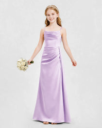 Lilac Junior Bridesmaid Dress Ruched Bodice Slit Satin Floor-Length Gown Front View