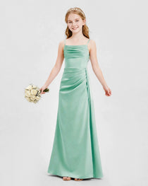 Mint Green Junior Bridesmaid Dress Ruched Bodice Slit Satin Floor-Length Gown Front View