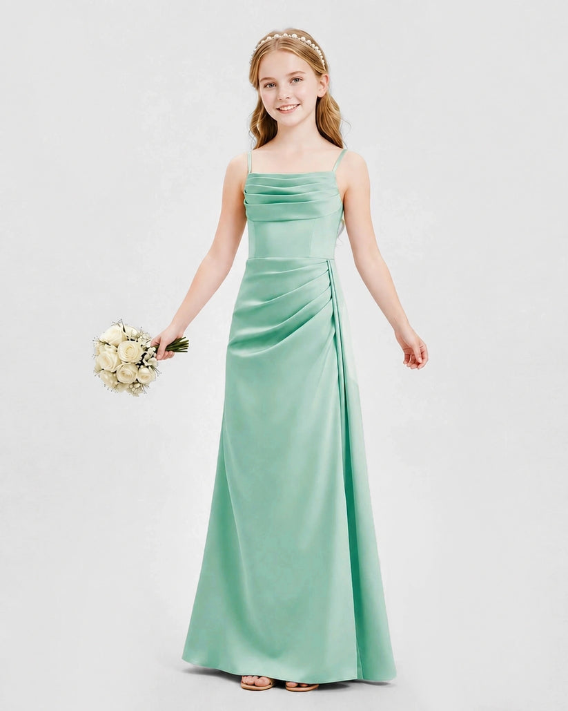 Mint Green Satin A-line Junior Bridesmaid Dress Front View