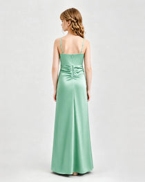 Mint Green Junior Bridesmaid Dress Ruched Bodice Slit Satin Floor-Length Gown Back View