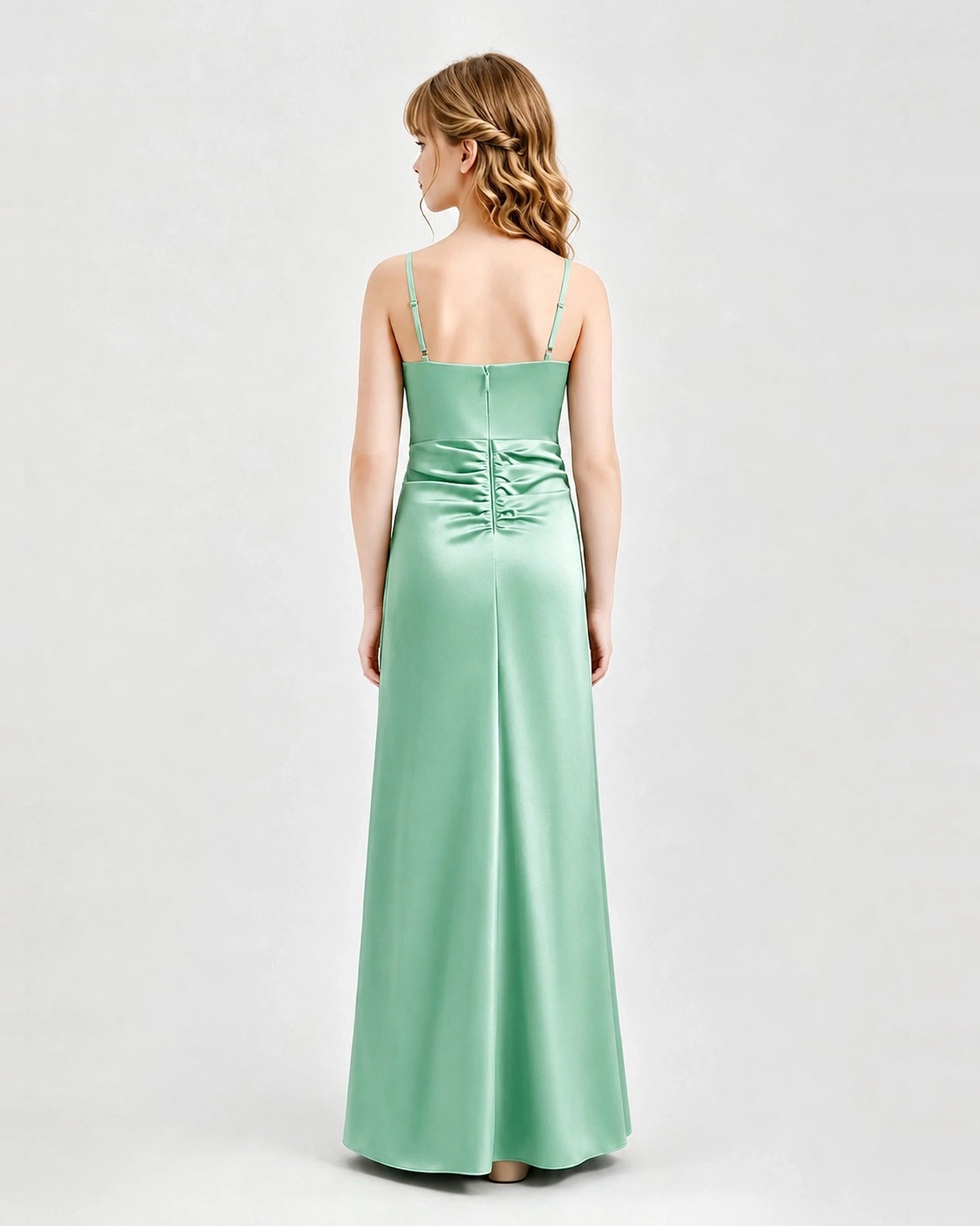 Mint Green Junior Bridesmaid Dress Ruched Bodice Slit Satin Floor-Length Gown Back View