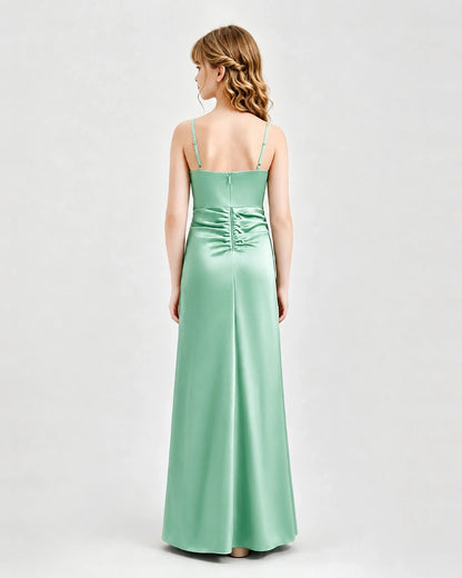Mint Green Junior Bridesmaid Dress Ruched Bodice Slit Satin Floor-Length Gown Back View