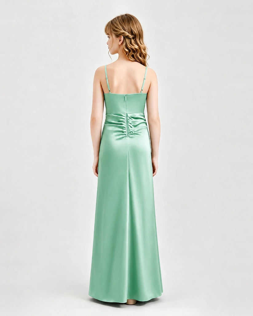 Mint Green Satin A-line Junior Bridesmaid Dress Back View