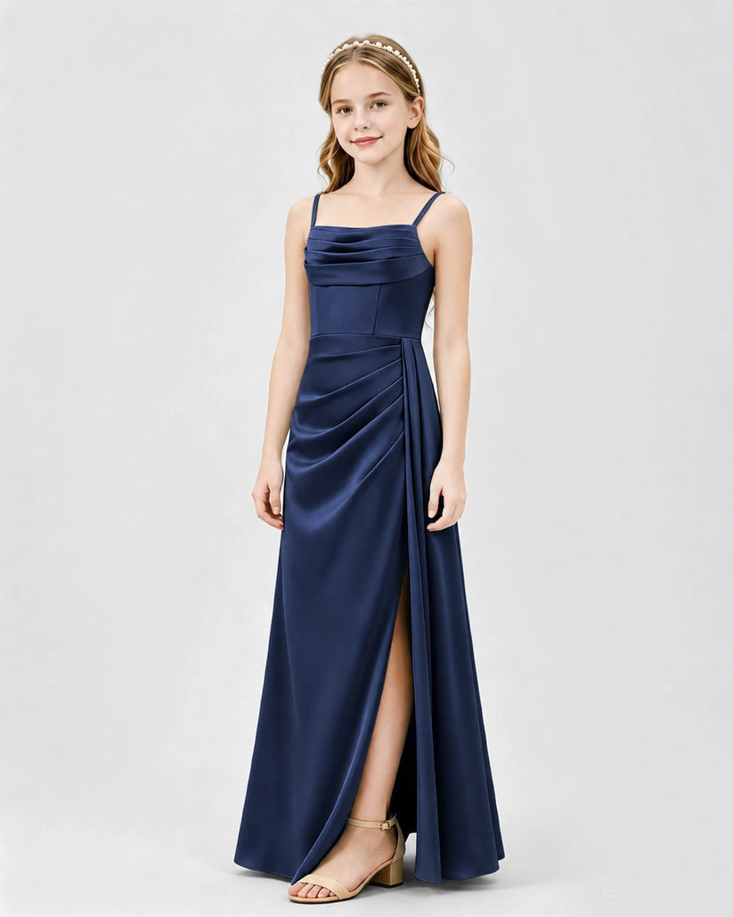 Navy Blue Satin A-line Junior Bridesmaid Dress Front View