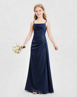 Navy Blue Satin A-line Junior Bridesmaid Dress Front View