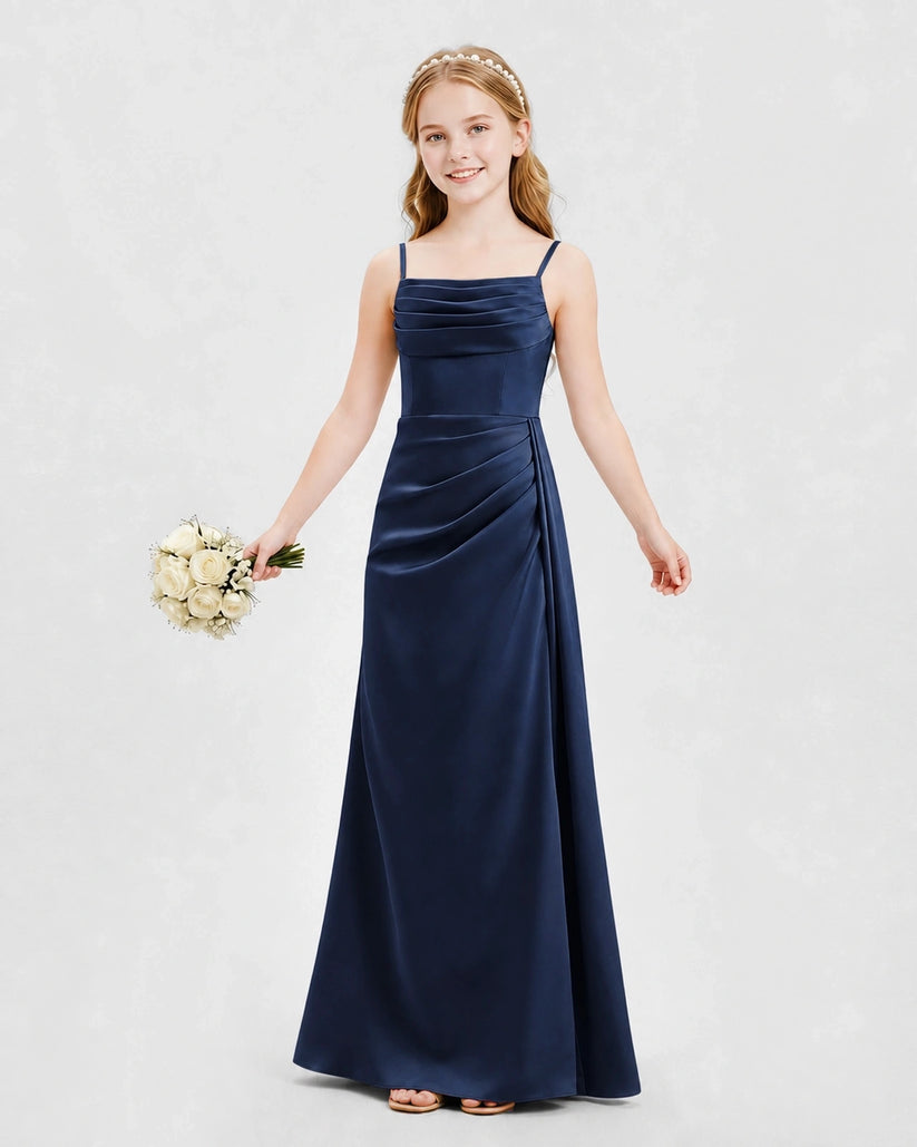 Navy Blue Satin A-line Junior Bridesmaid Dress Front View